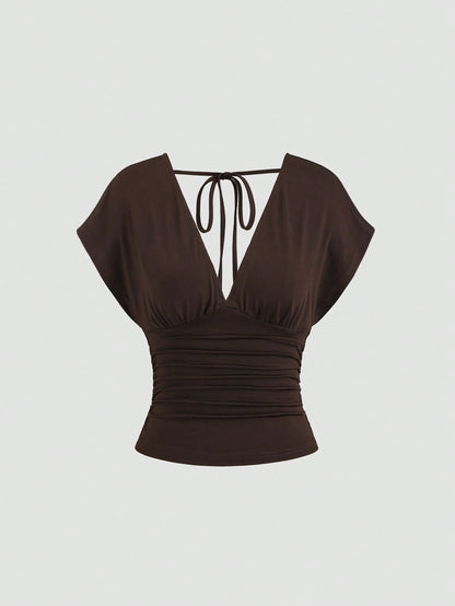 Sweetra Women's New Fashion Versatile Knit V-Neck T-Shirt, Waist Drawstring, Front & Back V-Neck, Shoulder Sleeve Design