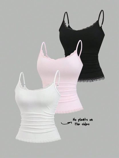 Sweetra Women's Solid Color Contrast Lace Ruffle Camisole