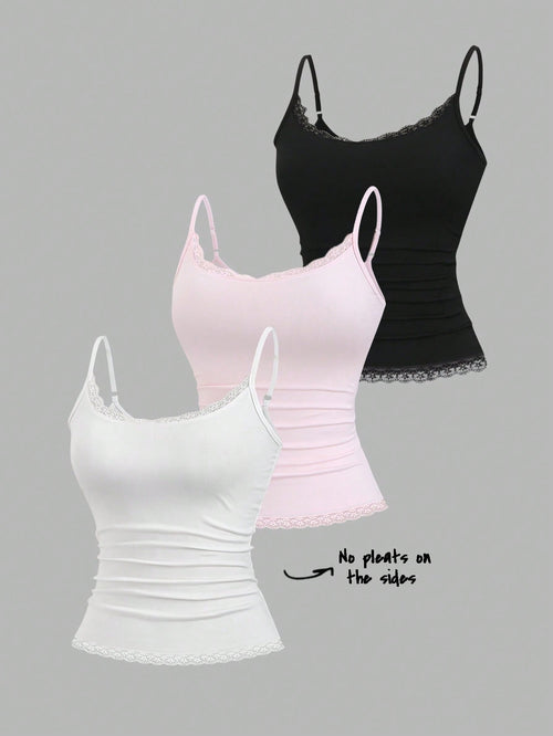 Sweetra Women's Solid Color Contrast Lace Ruffle Camisole