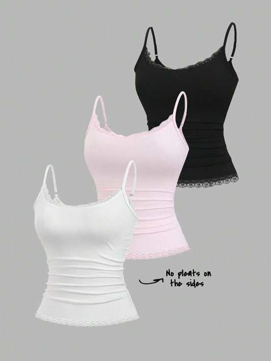 Sweetra Women's Solid Color Contrast Lace Ruffle Camisole