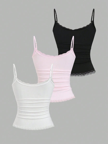 Sweetra Women's Solid Color Contrast Lace Ruffle Camisole