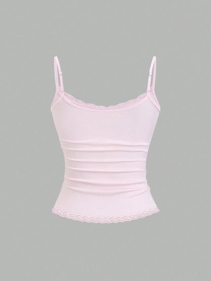 Sweetra Women's Solid Color Contrast Lace Ruffle Camisole