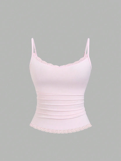 Sweetra Women's Solid Color Contrast Lace Ruffle Camisole