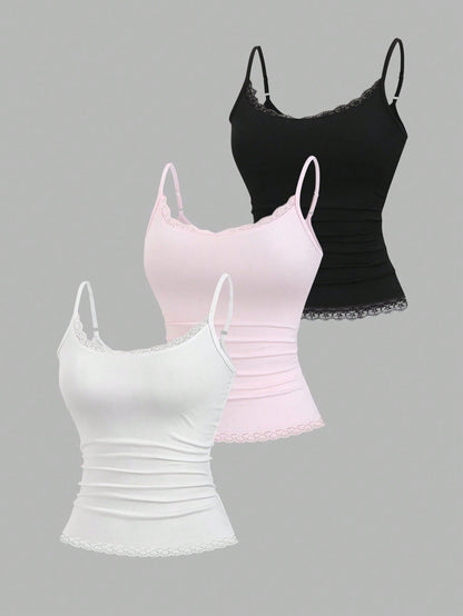 Sweetra Women's Solid Color Contrast Lace Ruffle Camisole