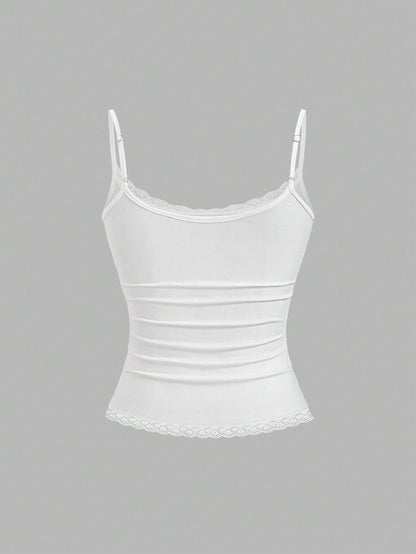 Sweetra Women's Solid Color Contrast Lace Ruffle Camisole