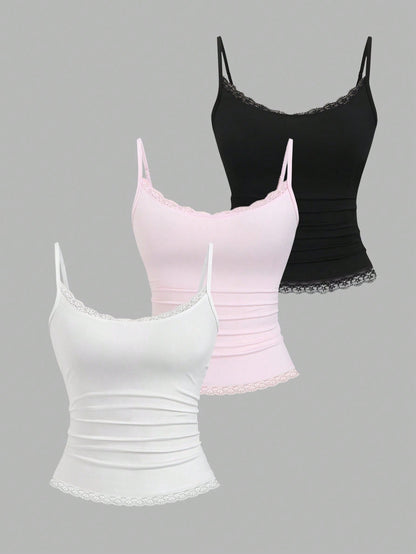 Sweetra Women's Solid Color Contrast Lace Ruffle Camisole
