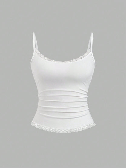 Sweetra Women's Solid Color Contrast Lace Ruffle Camisole