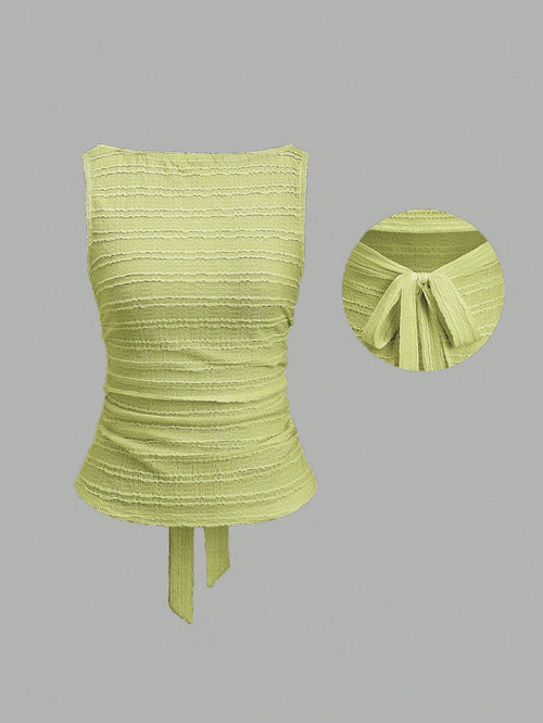 Sweetra Women's Solid Color Round Neck Backless Twist Ruched Fashion Tank Top Green Yellow Alternative