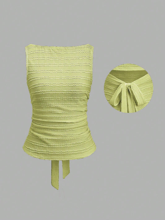 Sweetra Women's Solid Color Round Neck Backless Twist Ruched Fashion Tank Top Green Yellow Alternative