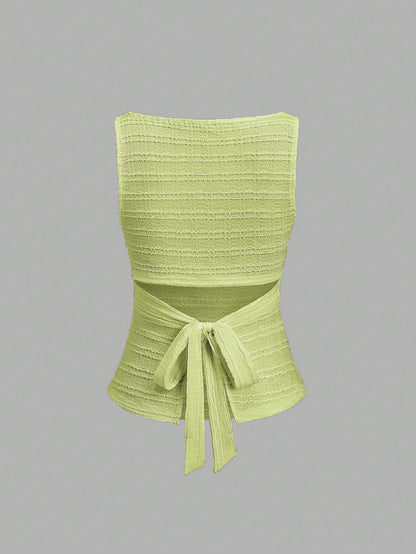 Sweetra Women's Solid Color Round Neck Backless Twist Ruched Fashion Tank Top Green Yellow Alternative