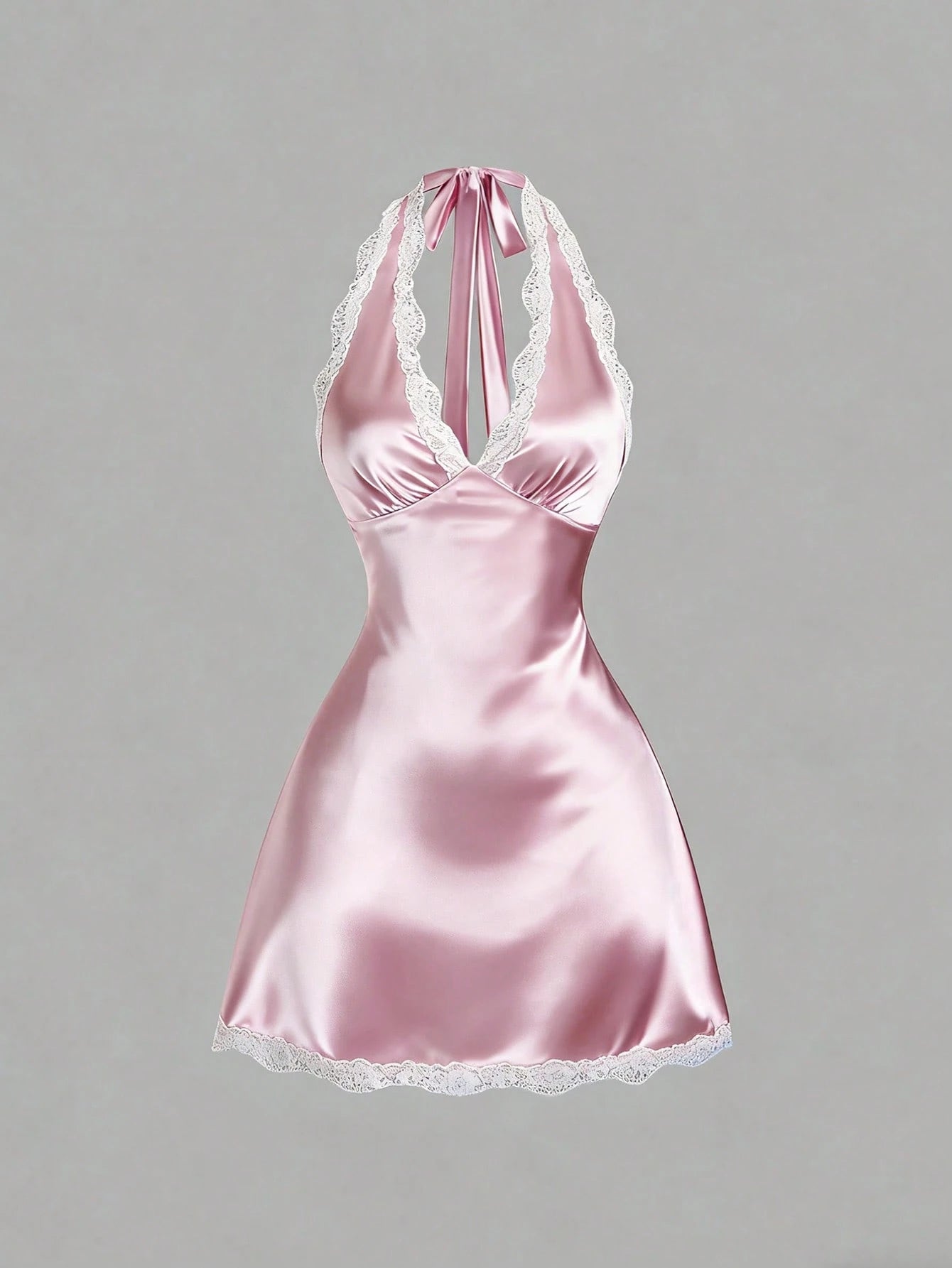 Sweetra Women's Spring Lace Trim V-Neck Fitted A-Line Sexy Pink Dress