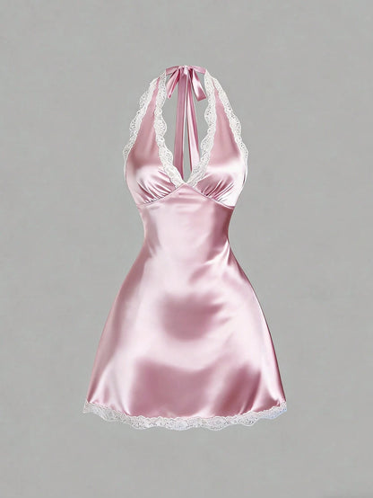 Sweetra Women's Spring Lace Trim V-Neck Fitted A-Line Sexy Pink Dress