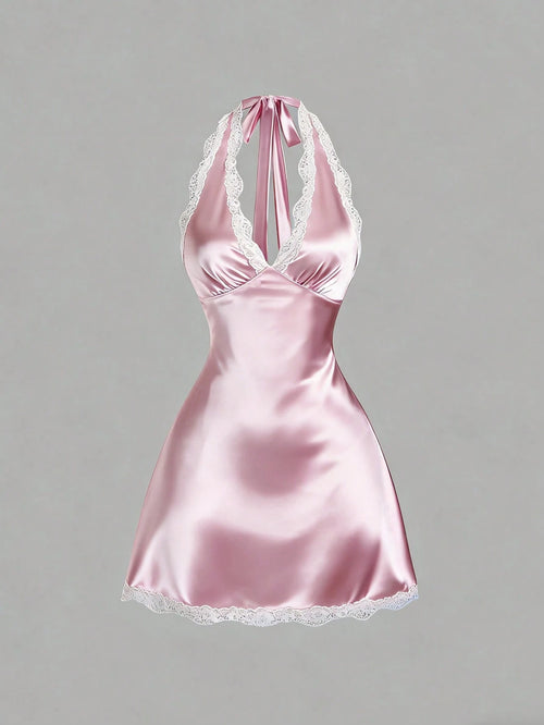 Sweetra Women's Spring Lace Trim V-Neck Fitted A-Line Sexy Pink Dress