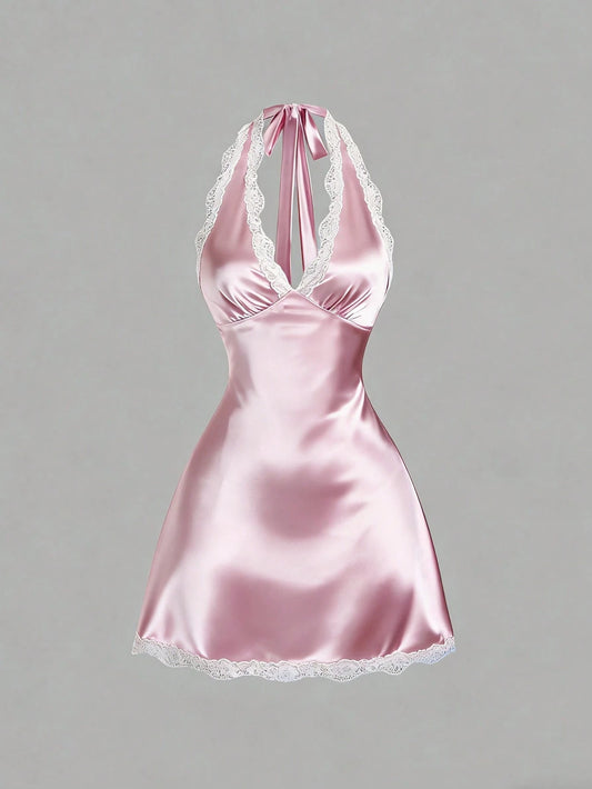 Sweetra Women's Spring Lace Trim V-Neck Fitted A-Line Sexy Pink Dress