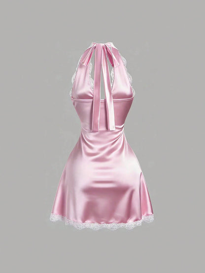 Sweetra Women's Spring Lace Trim V-Neck Fitted A-Line Sexy Pink Dress