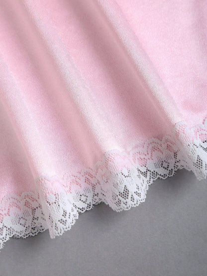 Sweetra Women's Spring Lace Trim V-Neck Fitted A-Line Sexy Pink Dress