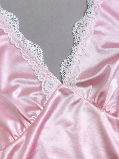 Sweetra Women's Spring Lace Trim V-Neck Fitted A-Line Sexy Pink Dress