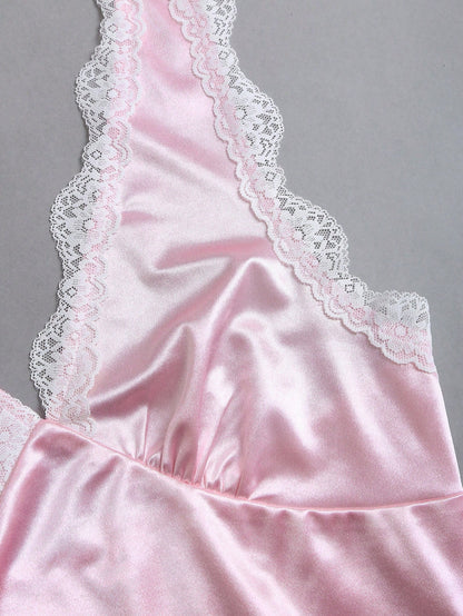 Sweetra Women's Spring Lace Trim V-Neck Fitted A-Line Sexy Pink Dress