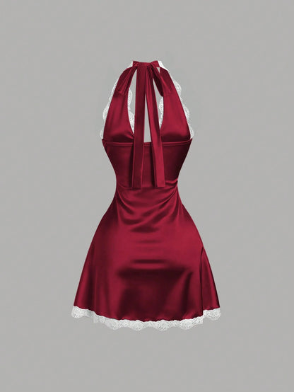 Sweetra Women's Spring Lace Trim V-Neck Fitted A-Line Sexy Pink Dress