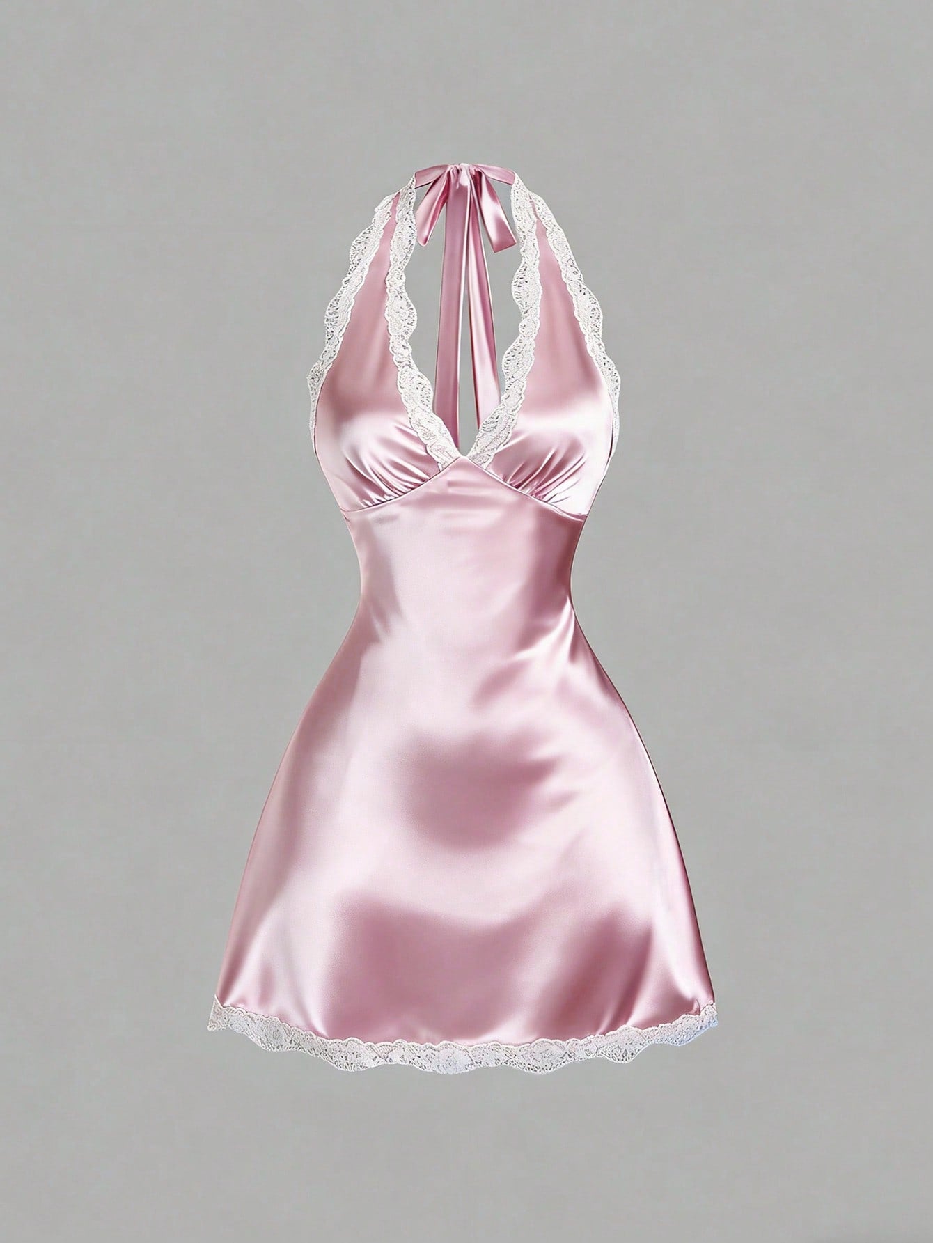 Sweetra Women's Spring Lace Trim V-Neck Fitted A-Line Sexy Pink Dress
