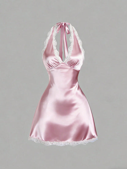 Sweetra Women's Spring Lace Trim V-Neck Fitted A-Line Sexy Pink Dress