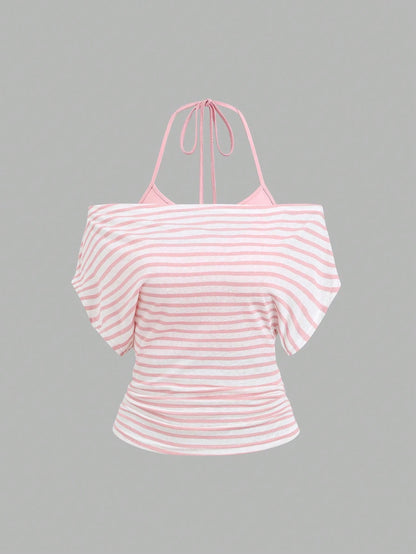 Sweetra Women's Summer Vacation Style Asymmetrical Shoulder Striped Tank Top With Sheer Back