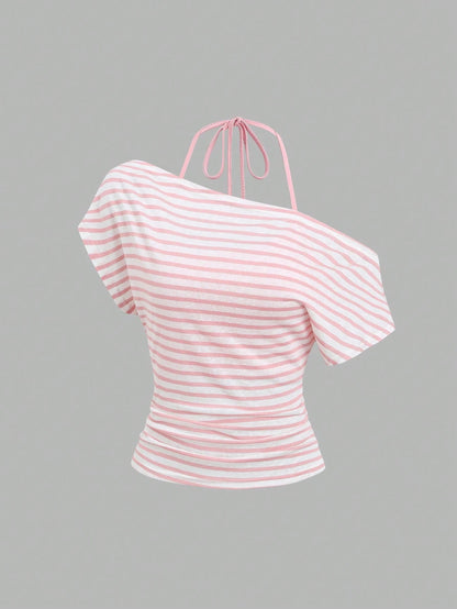 Sweetra Women's Summer Vacation Style Asymmetrical Shoulder Striped Tank Top With Sheer Back