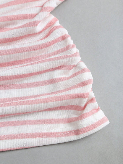 Sweetra Women's Summer Vacation Style Asymmetrical Shoulder Striped Tank Top With Sheer Back