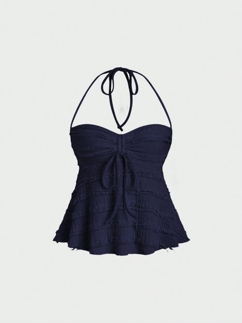 Sweetra Women Solid Drawstring Bust Halter Tops Y2K
