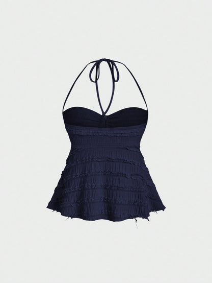 Sweetra Women Solid Drawstring Bust Halter Tops Y2K