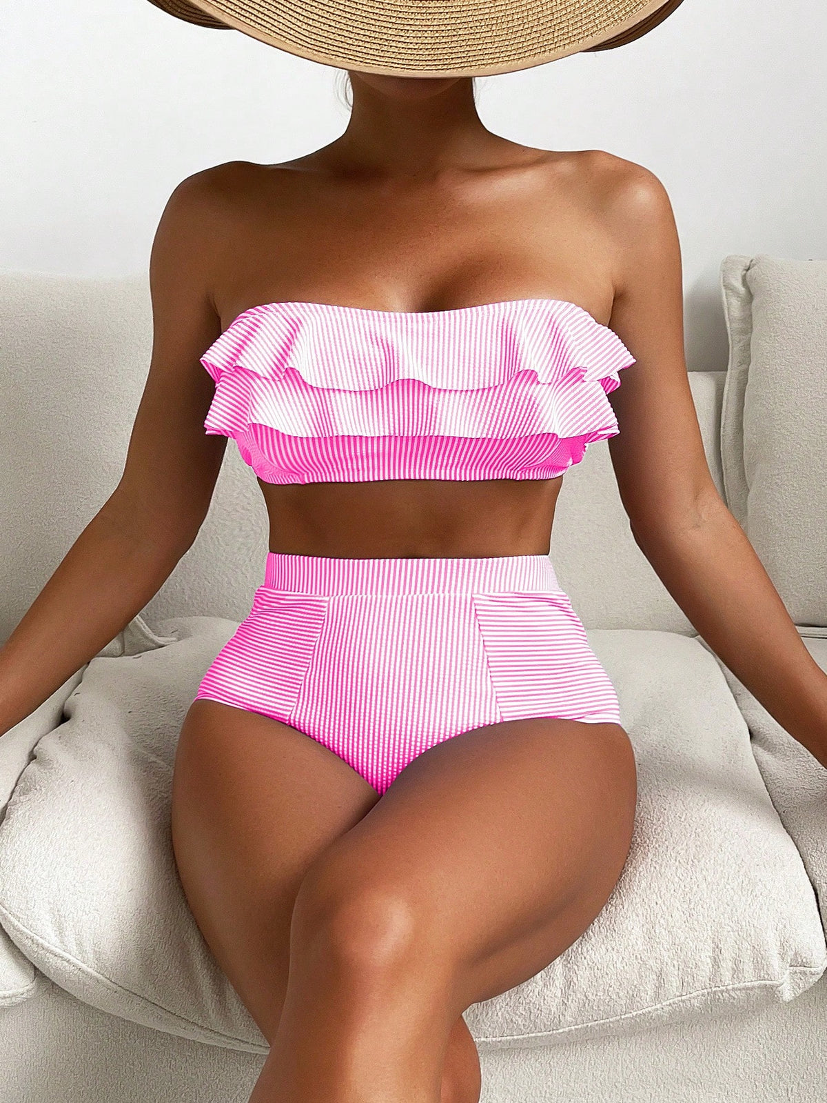 Swim Basics 2pcs Striped Tankini Swimsuit With Triangle Bottoms, Fashionable For Summer