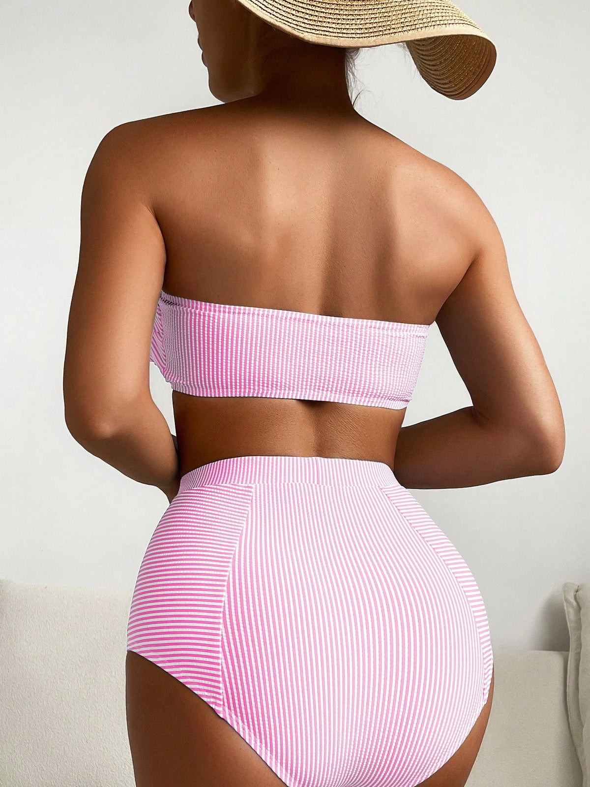 Swim Basics 2pcs Striped Tankini Swimsuit With Triangle Bottoms, Fashionable For Summer