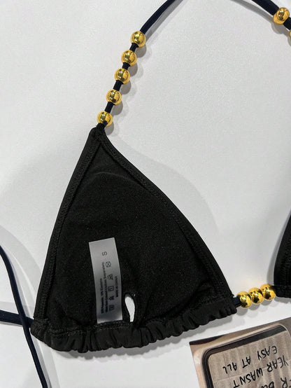 Swim Basics Women's Sexy Halter Tie-Up Gold Bead Accent Bikini Top, Summer New Arrival