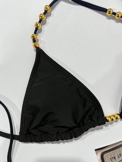 Swim Basics Women's Sexy Halter Tie-Up Gold Bead Accent Bikini Top, Summer New Arrival