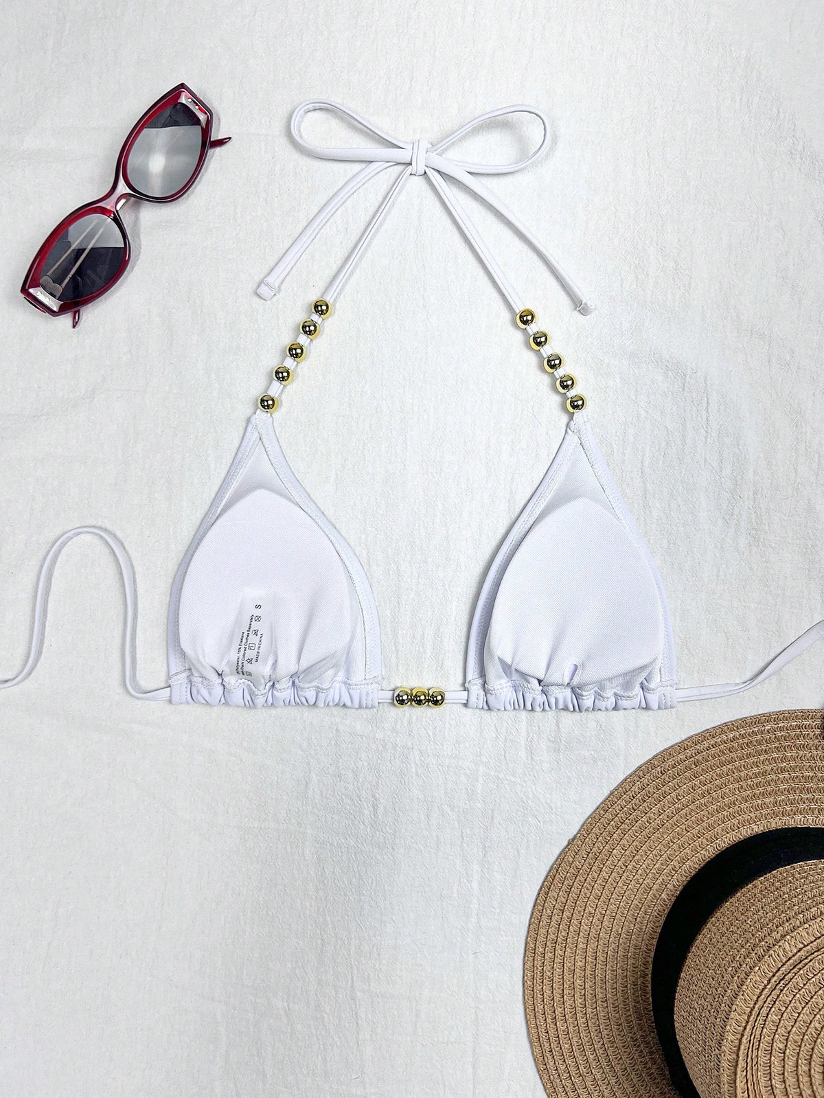 Swim Basics Women's Sexy Halter Tie-Up Gold Bead Accent Bikini Top, Summer New Arrival