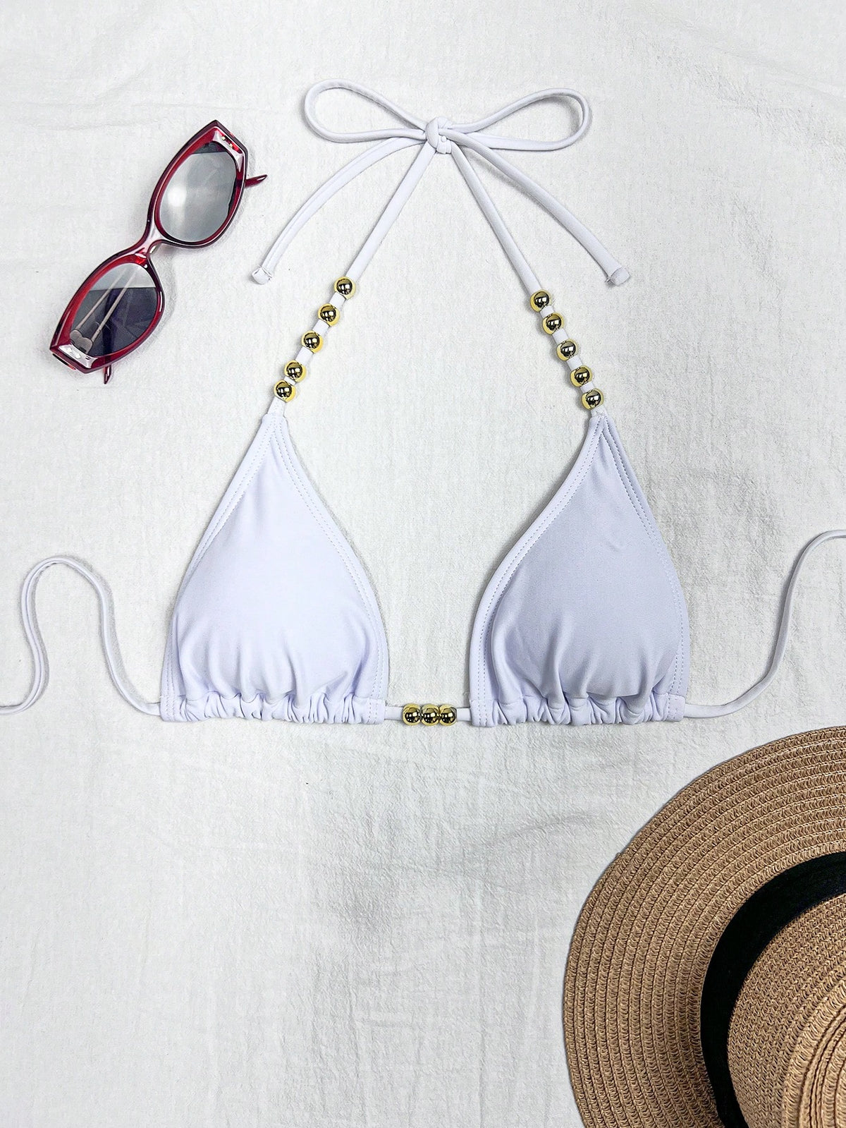 Swim Basics Women's Sexy Halter Tie-Up Gold Bead Accent Bikini Top, Summer New Arrival