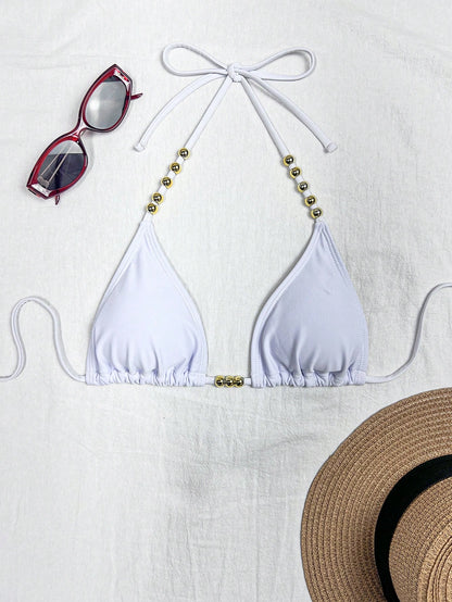 Swim Basics Women's Sexy Halter Tie-Up Gold Bead Accent Bikini Top, Summer New Arrival