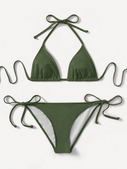 Swim Basics Women's Summer Beach Solid Color Halter Tie Sexy Bikini Swimwear Set
