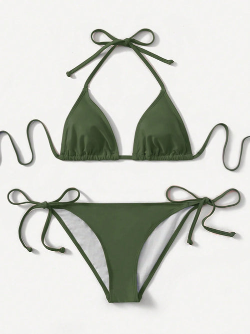 Swim Basics Women's Summer Beach Solid Color Halter Tie Sexy Bikini Swimwear Set