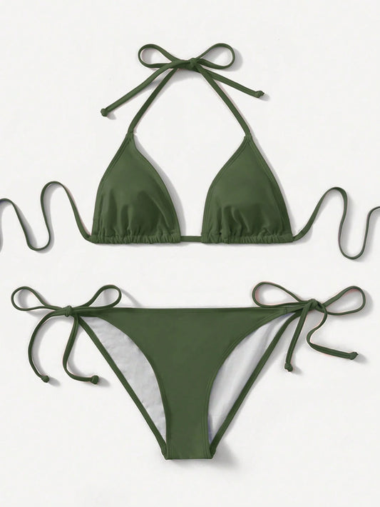 Swim Basics Women's Summer Beach Solid Color Halter Tie Sexy Bikini Swimwear Set
