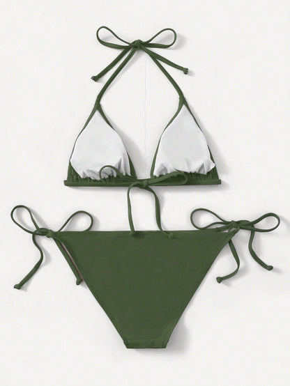 Swim Basics Women's Summer Beach Solid Color Halter Tie Sexy Bikini Swimwear Set