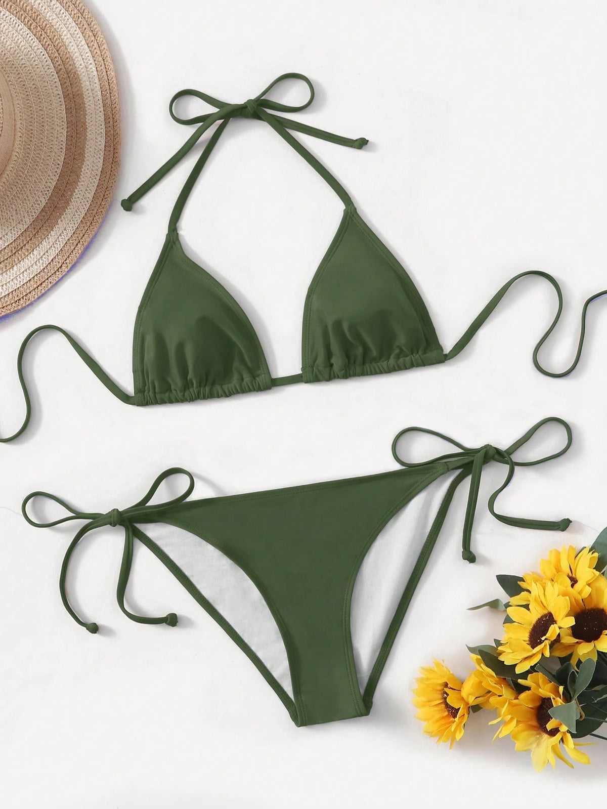 Swim Basics Women's Summer Beach Solid Color Halter Tie Sexy Bikini Swimwear Set
