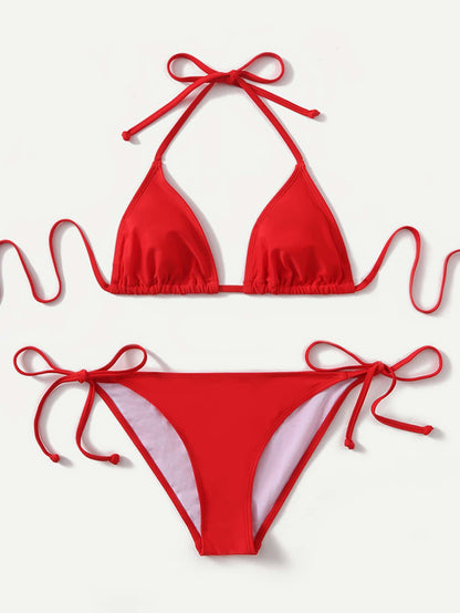 Swim Basics Women's Summer Beach Solid Color Halter Tie Sexy Bikini Swimwear Set