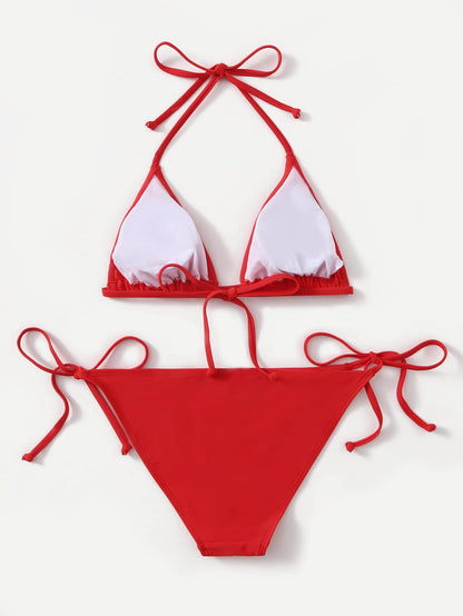 Swim Basics Women's Summer Beach Solid Color Halter Tie Sexy Bikini Swimwear Set