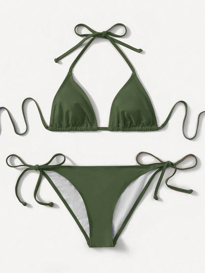 Swim Basics Women's Summer Beach Solid Color Halter Tie Sexy Bikini Swimwear Set