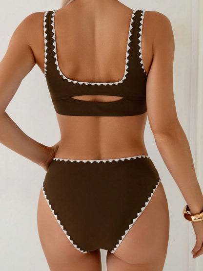 Swim Basics Women's Summer Beach Solid Color Shell Trim Thick Strap Front Ruched Hollow Back Bikini Top And Shorts Casual Vacation Swimwear Set