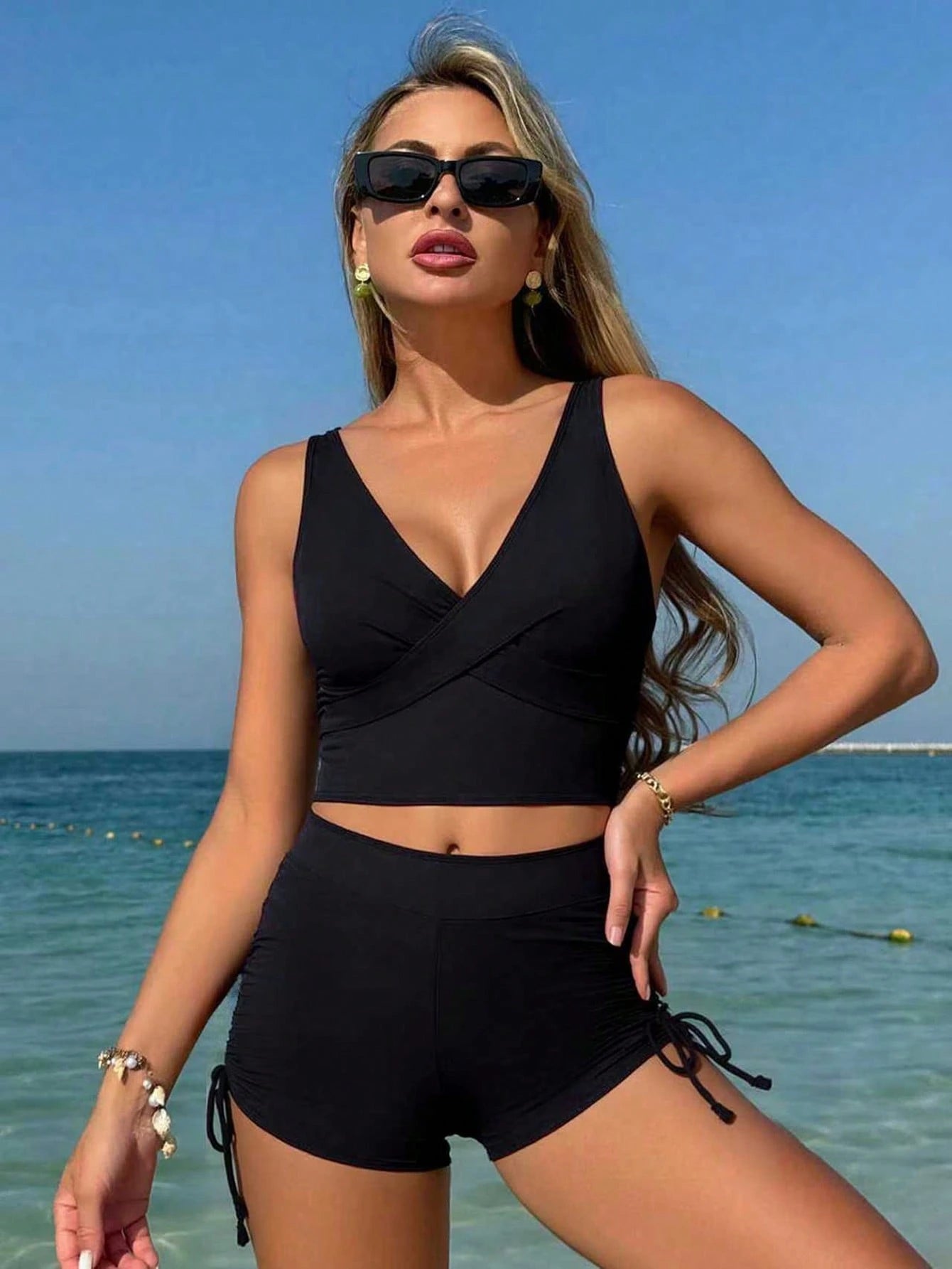 Swim Basics Women Summer Beach Solid Cross Back Bikini Top And Drawstring Swim Shorts Bikini Set For Vacation