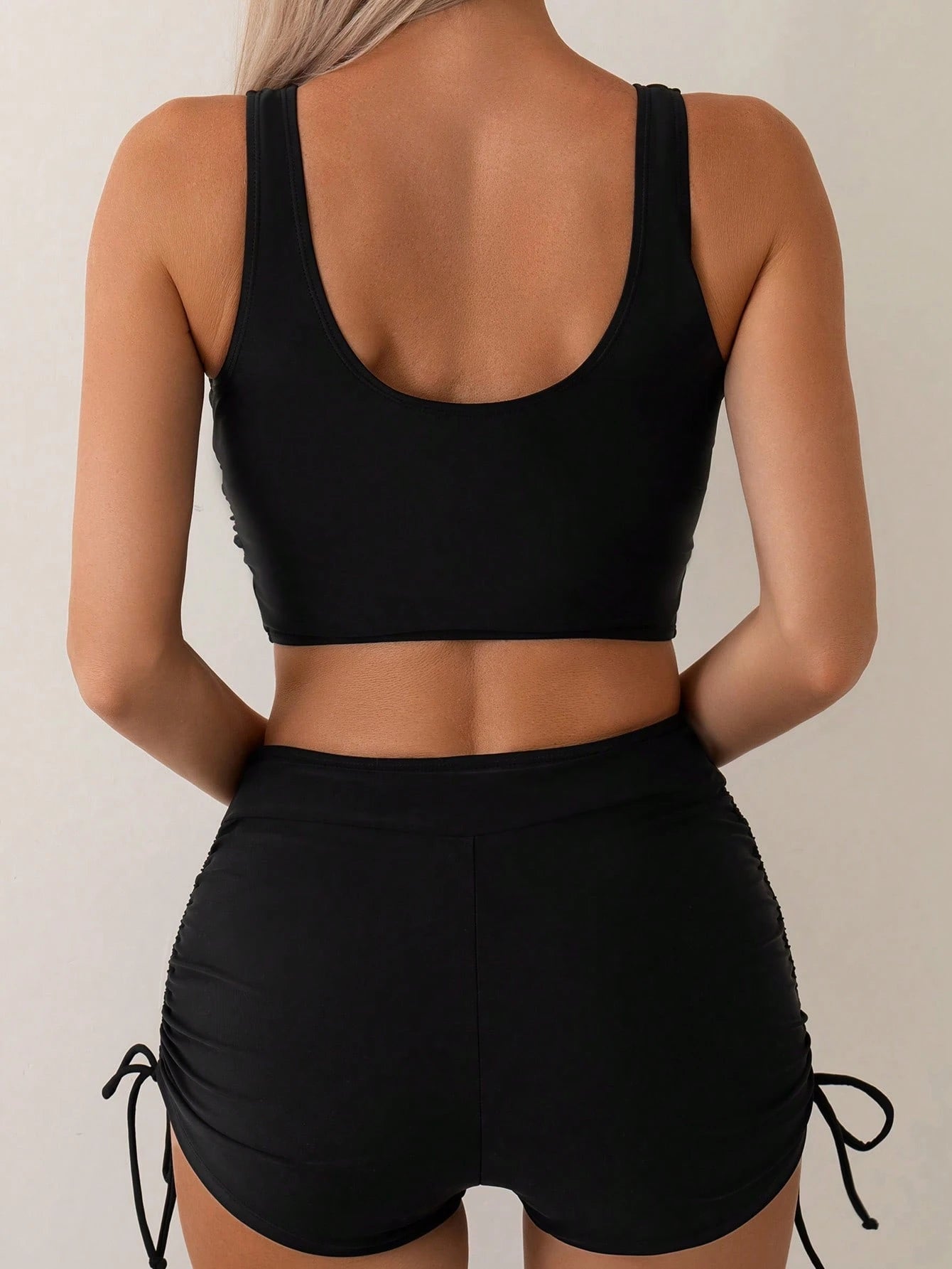 Swim Basics Women Summer Beach Solid Cross Back Bikini Top And Drawstring Swim Shorts Bikini Set For Vacation