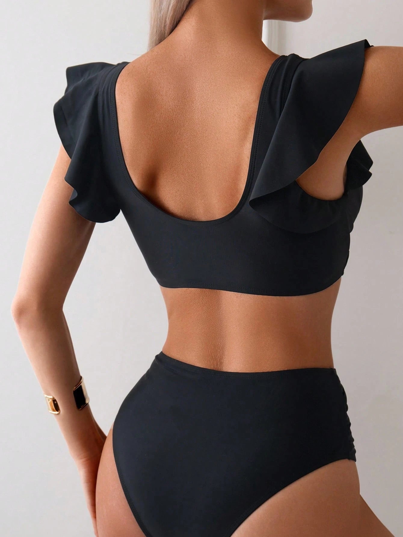 Swim Chiccia Ladies Solid Color Bikini Set With Simple And Fashionable Flutter Sleeves For Vacation, Summer Beach