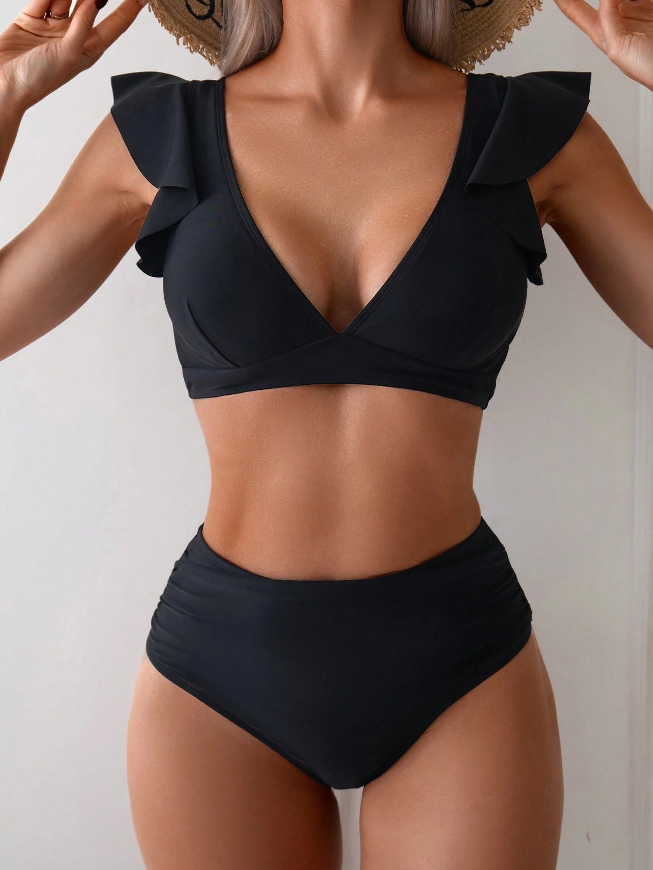 Swim Chiccia Ladies Solid Color Bikini Set With Simple And Fashionable Flutter Sleeves For Vacation, Summer Beach